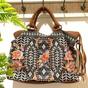 NWOT Johnny Was Floral Embroidered Whimsical Leather Weekender Bag